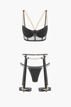 MICAS Lingerie & Sleepwear-Chain Bustier Contrast Mesh Lingerie Garter Set BLACK