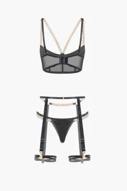 MICAS Lingerie & Sleepwear-Chain Bustier Contrast Mesh Lingerie Garter Set BLACK