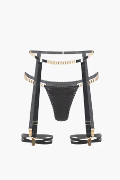 MICAS Lingerie & Sleepwear-Chain Bustier Contrast Mesh Lingerie Garter Set BLACK