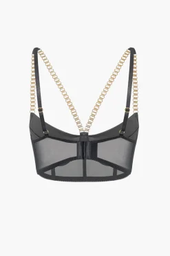 MICAS Lingerie & Sleepwear-Chain Bustier Contrast Mesh Lingerie Garter Set BLACK