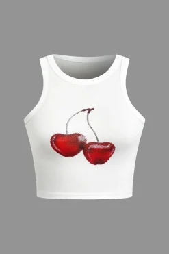 MICAS Tank Tops & Cami-Cherry Print Crop Tank Top WHITE