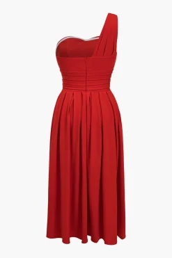 MICAS Midi Dresses-Chiffon Sleeveless One Shoulder Midi Dress RED