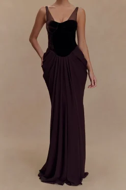 MICAS Maxi Dresses-Chiffon Velvet Patchwork Ruched V-Neck Sleeveless Maxi Dress BLACK