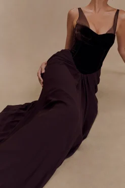 MICAS Maxi Dresses-Chiffon Velvet Patchwork Ruched V-Neck Sleeveless Maxi Dress BLACK