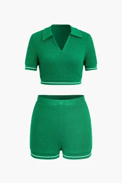 MICAS Short Sets-Collar Crop Top And Short Sets GREEN