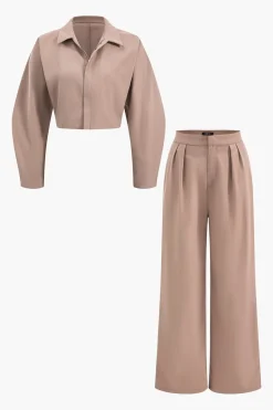 MICAS Pant Sets-Collar Long Sleeve Crop Top And Trousers Set KHAKI
