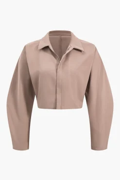 MICAS Pant Sets-Collar Long Sleeve Crop Top And Trousers Set KHAKI