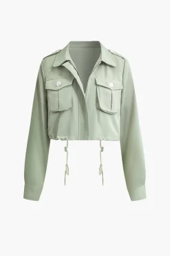 MICAS Skirt Sets-Collared Flap Pocket Drawstring Crop Top And Mini Skirt Set LIGHT GREEN