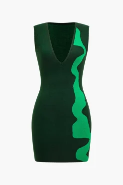 MICAS Knitwear|Knit Dresses-Color Block Asymmetrical Sweater Dress DARK GREEN