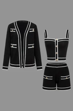 MICAS Knitwear|Knit Sets-Color Block Button Cami Top And Shorts And Sweater Cardigan Set BLACK