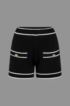 MICAS Knitwear|Knit Sets-Color Block Button Cami Top And Shorts And Sweater Cardigan Set BLACK