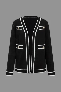 MICAS Knitwear|Knit Sets-Color Block Button Cami Top And Shorts And Sweater Cardigan Set BLACK