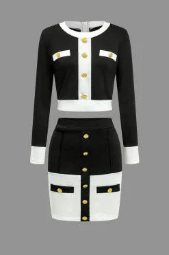 MICAS Skirt Sets-Color Block Button Pocket Skirt Set BLACK