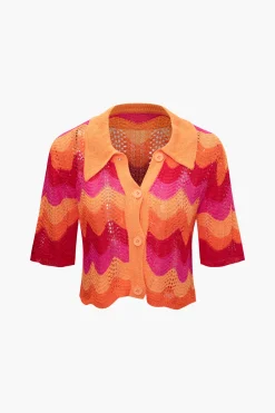 MICAS Knitwear|Knit Tops-Color Block Crochet Knit Short Sleeve Top MULTICOLOR