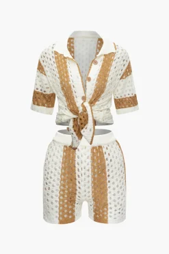 MICAS Knitwear|Knit Sets-Color Block Crochet Open Knit Button Up Top And Shorts Set