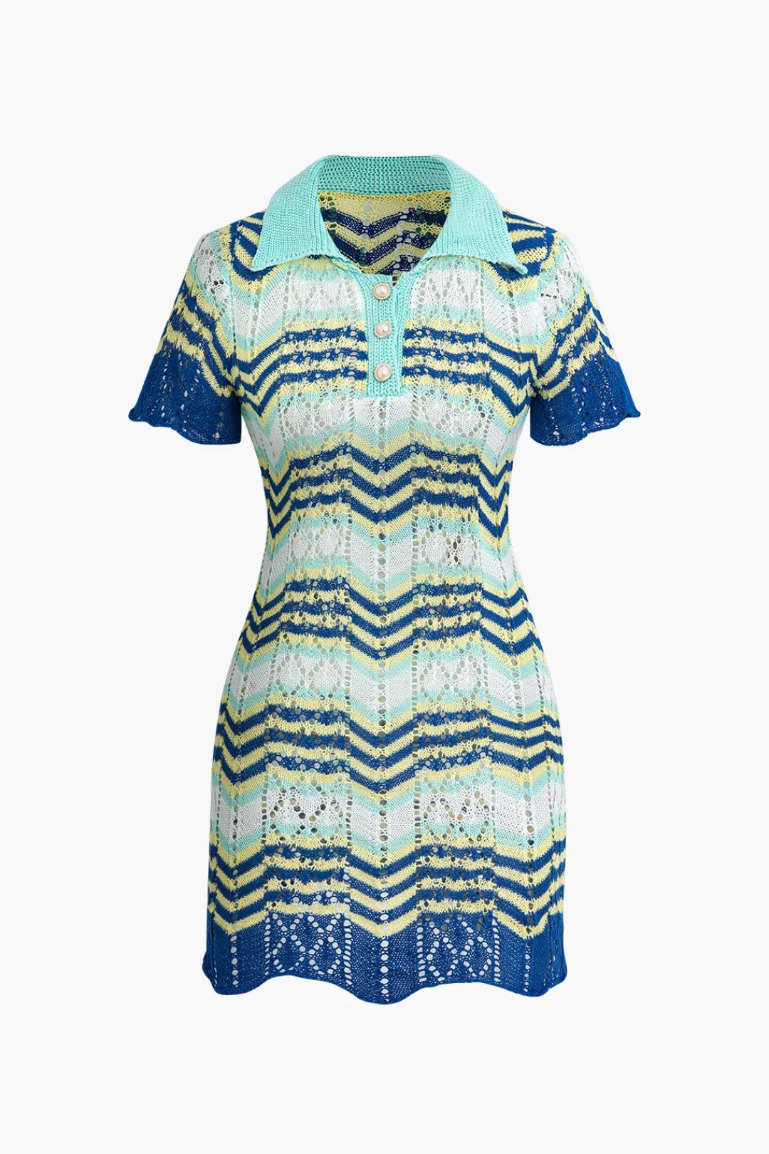 MICAS Knit Dresses-Color Block Crochet Polo Collar Short Sleeve Mini Dress Contrast Color