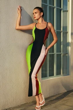 MICAS Knit Dresses-Color Block Cut Out Slip Knit Midi Dress Contrast Color