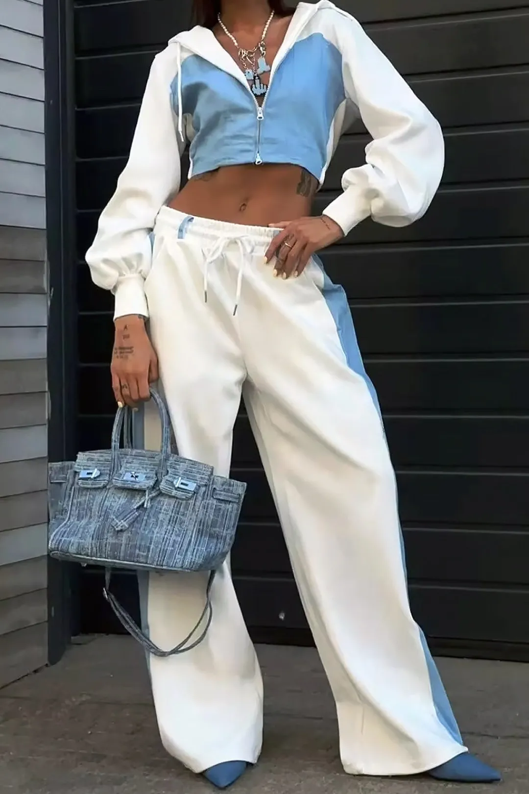 MICAS Pant Sets-Color Block Denim Patchwork Hooded Zipper Jacket And Trousers Set