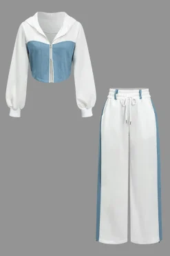 MICAS Pant Sets-Color Block Denim Patchwork Hooded Zipper Jacket And Trousers Set