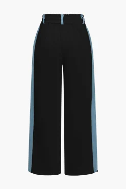 MICAS Pant Sets-Color Block Denim Patchwork Hooded Zipper Jacket And Trousers Set