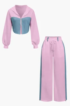 MICAS Pant Sets-Color Block Denim Patchwork Hooded Zipper Jacket And Trousers Set