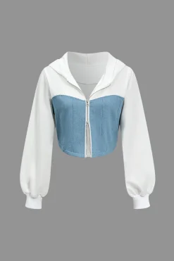 MICAS Pant Sets-Color Block Denim Patchwork Hooded Zipper Jacket And Trousers Set