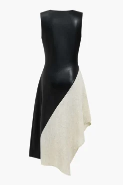 MICAS Midi Dresses-Color Block Draped Cowl Neck Asymmetrical Midi Dress BLACK