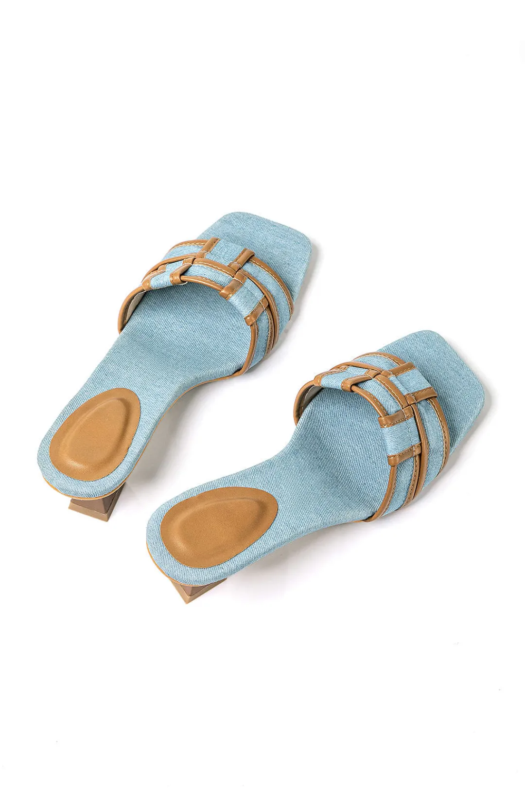 MICAS Shoes|Shoes-Color Block Faux Leather Denim Contrast Binding Asymmetrical Open Toe Mid Heel Sandals CHOCOLATE