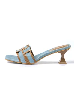 MICAS Shoes|Shoes-Color Block Faux Leather Denim Contrast Binding Asymmetrical Open Toe Mid Heel Sandals CHOCOLATE