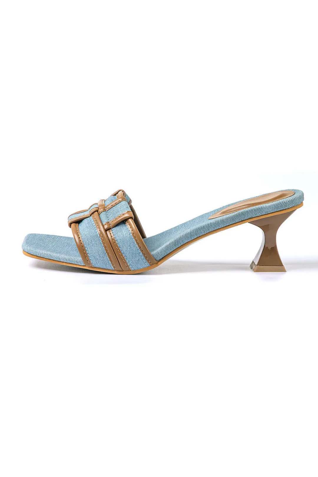 MICAS Shoes|Shoes-Color Block Faux Leather Denim Contrast Binding Asymmetrical Open Toe Mid Heel Sandals CHOCOLATE