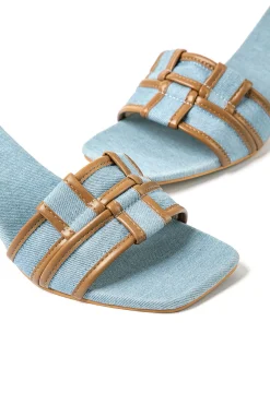 MICAS Shoes|Shoes-Color Block Faux Leather Denim Contrast Binding Asymmetrical Open Toe Mid Heel Sandals CHOCOLATE