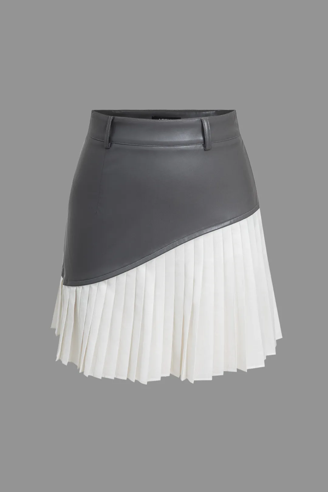 MICAS Skirts-Color Block Faux Leather Pleated Asymmetrical Skirt GRAY