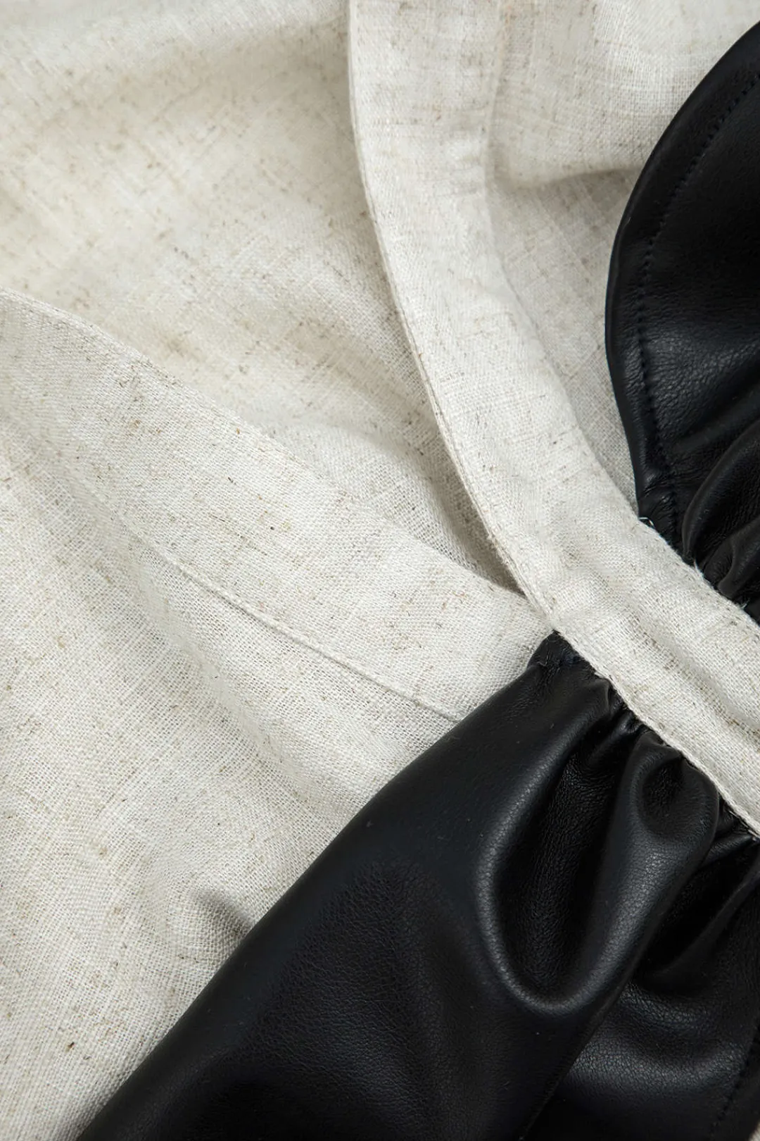 MICAS Long Sleeve Tops|Long Sleeves Tops-Color Block Faux Leather Linen Ruched Long-Sleeve Shirt BEIGE