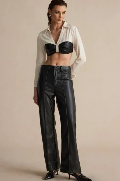 MICAS Long Sleeve Tops|Long Sleeves Tops-Color Block Faux Leather Linen Ruched Long-Sleeve Shirt BEIGE