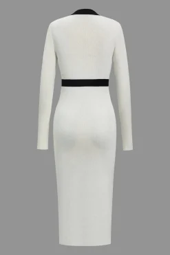 MICAS Long Sleeve Dresses|Knitwear-Color Block Knit Button Long-Sleeve Dress WHITE