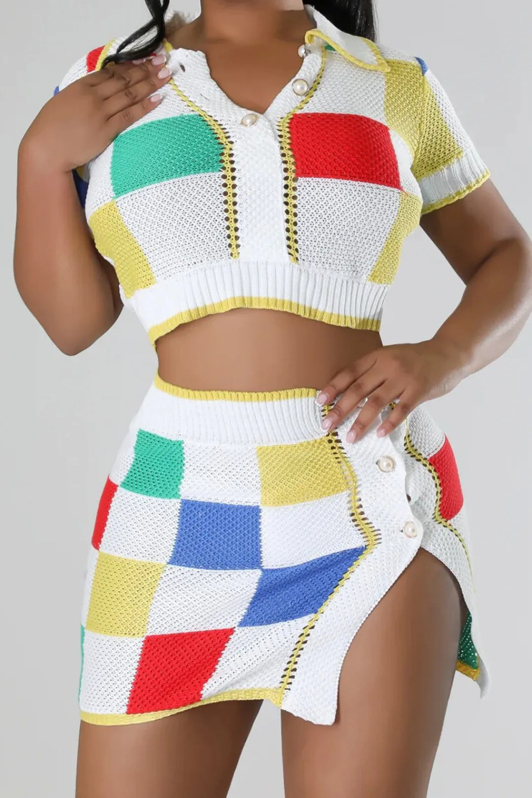 MICAS Skirt Sets-Color Block Knit Top and Split Mini Skirt Set MULTICOLOR