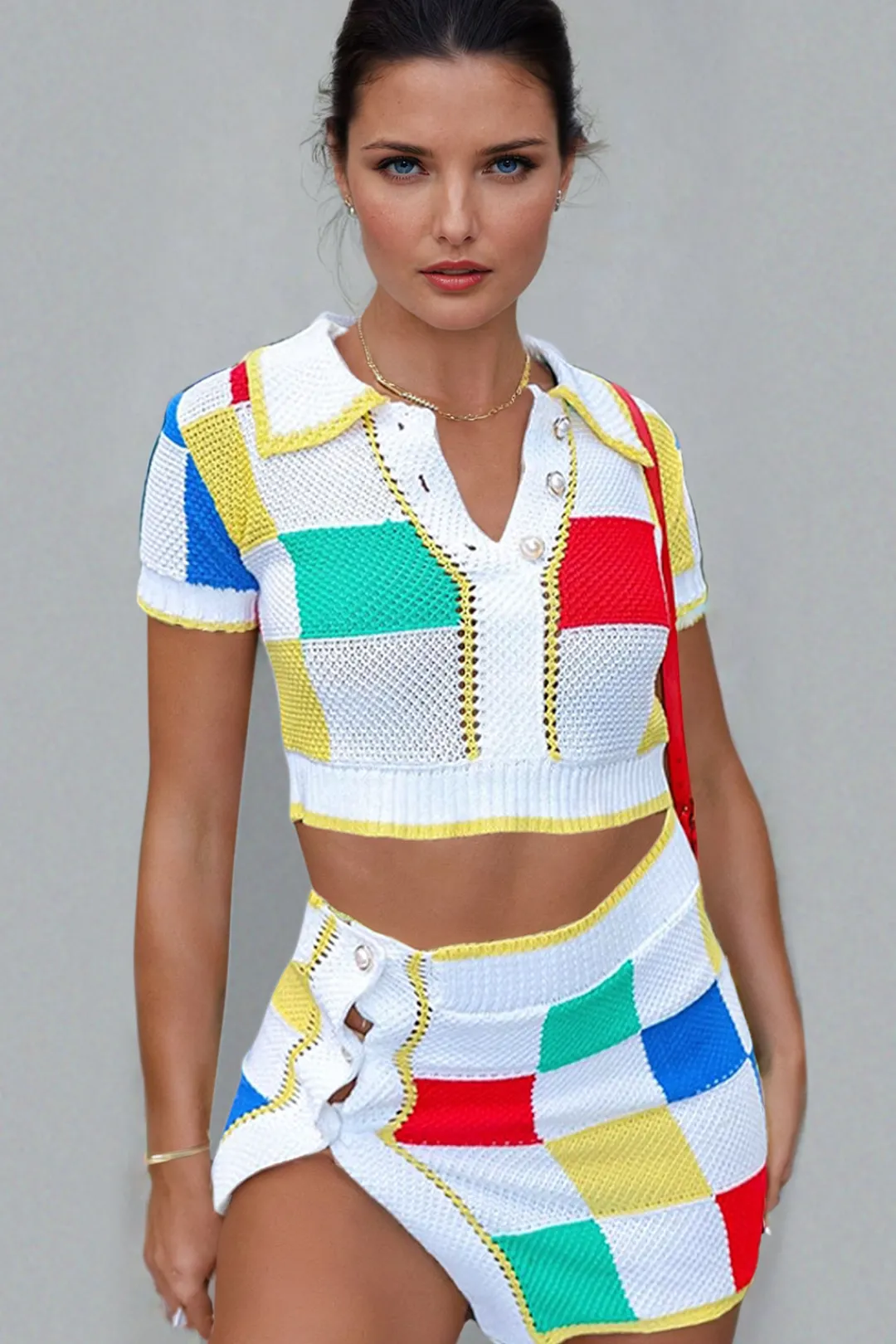 MICAS Skirt Sets-Color Block Knit Top and Split Mini Skirt Set MULTICOLOR