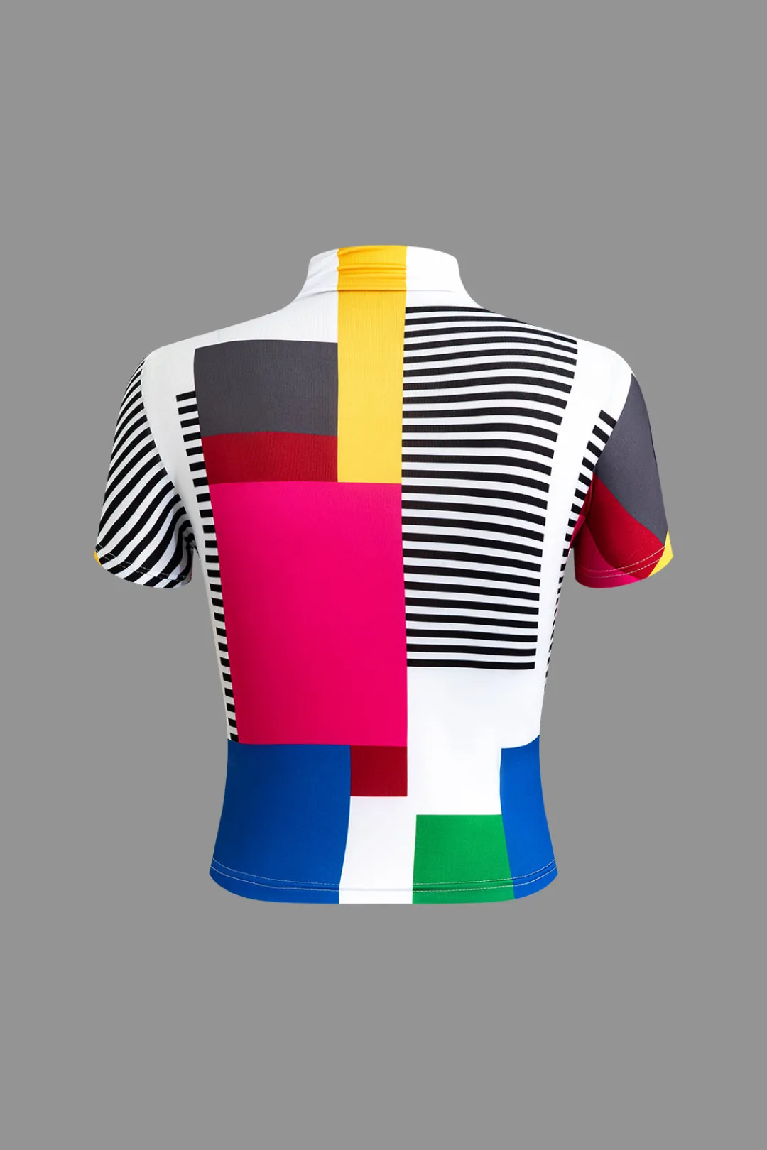 MICAS T-Shirts-Color Block Patchwork Mock Neck T-shirt MULTICOLOR