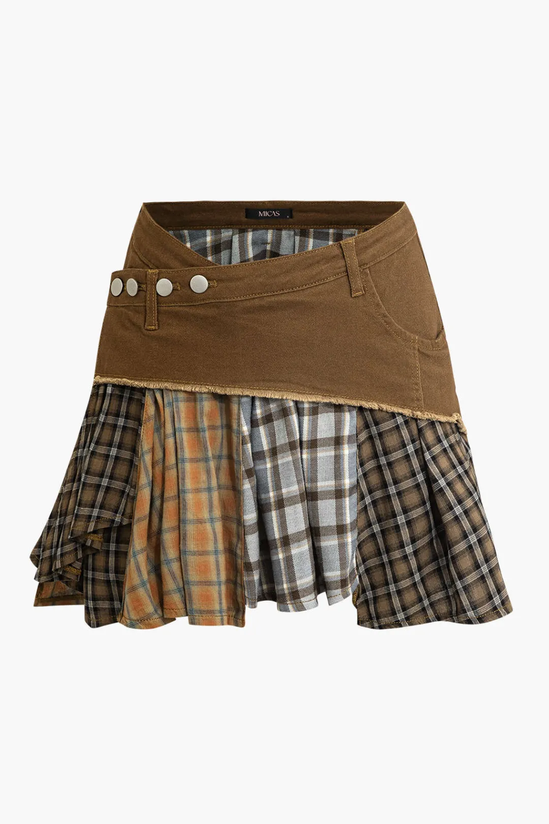 MICAS Skirts-Color Block Print Denim Patchwork Mini Skirt BROWN