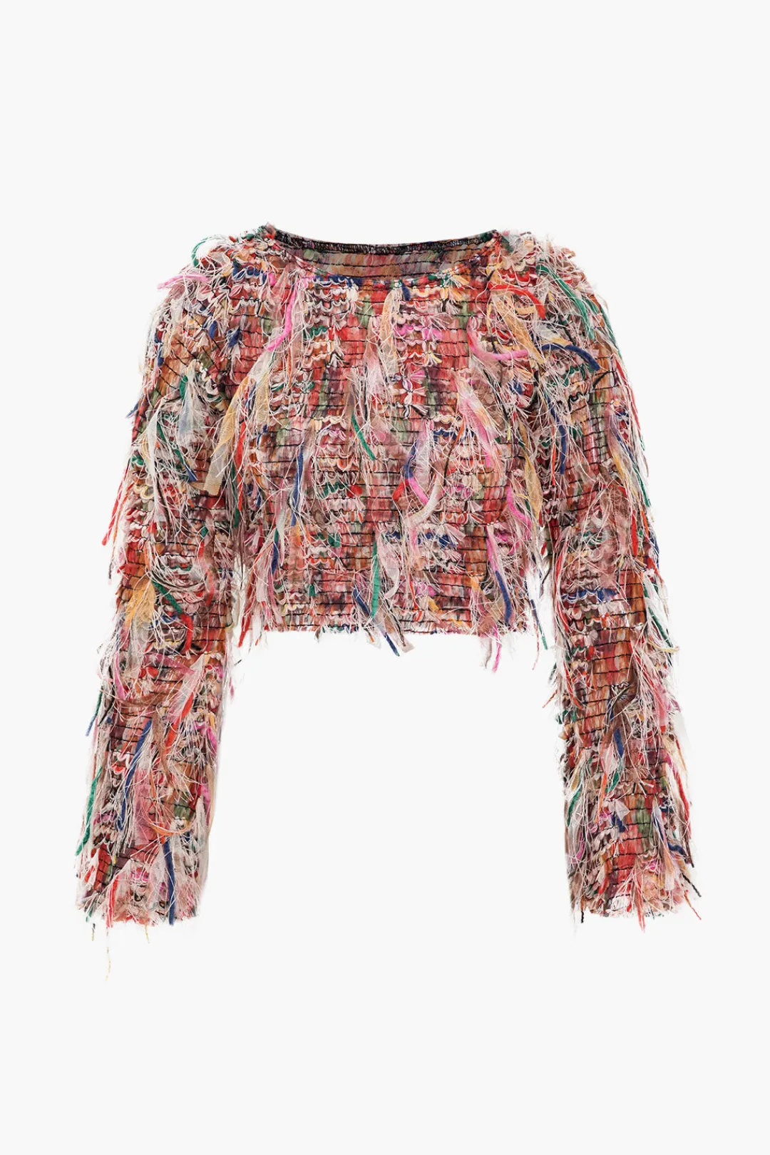 MICAS Long Sleeve Tops|Long Sleeves Tops-Color Block Print Fringe Long-Sleeve Shirt BEIGE