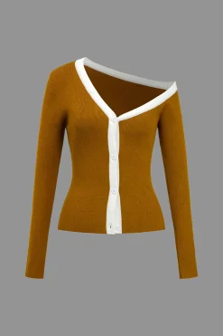 MICAS Knit Tops-Color Block Print Knit Asymmetrical Long-Sleeve Top Contrast Color