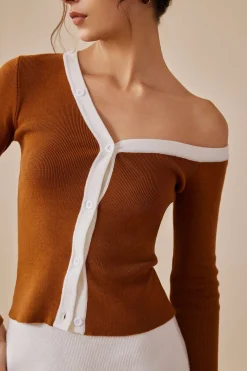 MICAS Knit Tops-Color Block Print Knit Asymmetrical Long-Sleeve Top Contrast Color