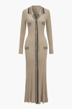 MICAS Long Sleeve Dresses|Knit Dresses-Color Block Print Knit Button Metallic Fake Pockets Dress MOCHA