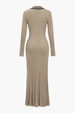 MICAS Long Sleeve Dresses|Knit Dresses-Color Block Print Knit Button Metallic Fake Pockets Dress MOCHA