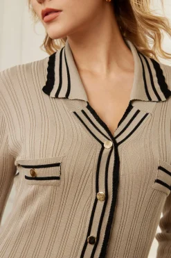 MICAS Long Sleeve Dresses|Knit Dresses-Color Block Print Knit Button Metallic Fake Pockets Dress MOCHA