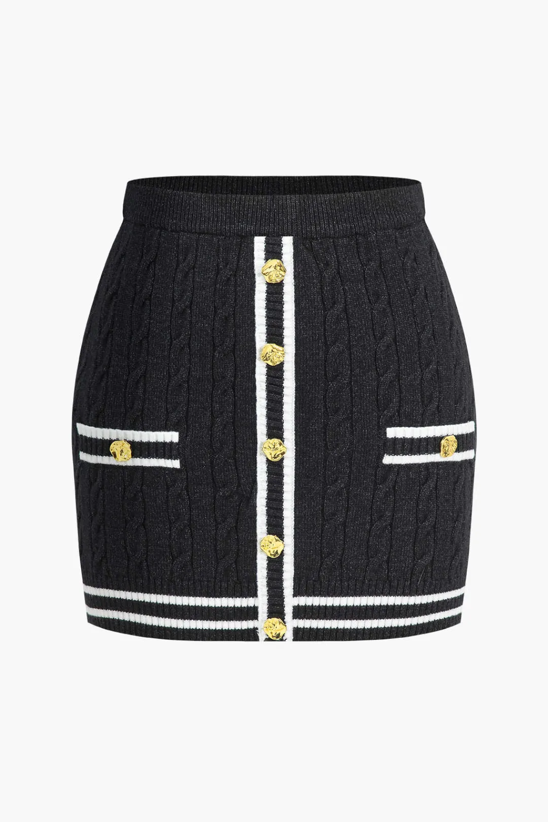 MICAS Knitwear|Knit Bottoms-Color Block Print Knit Button Skirt
