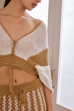 MICAS Knit Sets-Color Block Print Knit Cut Out Tie-Up Crop Top And Skirt Set TAN