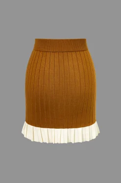 MICAS Skirts-Color Block Print Knit Pleated Mini Skirt BROWN