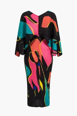 MICAS Long Sleeve Dresses|Maxi Dresses-Color Block Print Pleated V-Neck Batwing Sleeves Maxi Dress BLACK