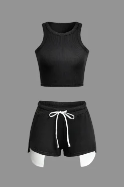 MICAS Short Sets-Color Block Side Slit Waist Short Set BLACK